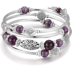 Purple Layered Wrap Bangle Bead Bracelet w/ Agate Stone